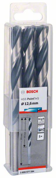 Verpackung mit fünf Bosch HSS PointTeQ Metallbohrern, Ø 12,6 mm, abgebildet. Etikett zeigt Produktdetails und Maße.
