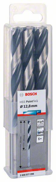 Bohrer-Set in Verpackung, Marke Bosch. Beschriftung zeigt 'HSS PointTeQ Ø 12,8 mm', 5 Stück für Metallbearbeitung geeignet.