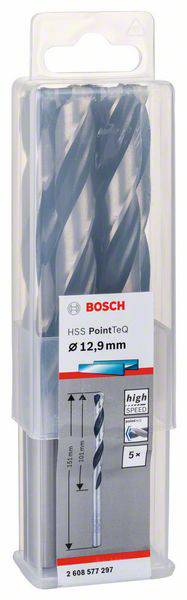 Bohrer-Set in Kunststoffverpackung. Etikett zeigt 'BOSCH HSS PointTeq Ø 12,9 mm', Angaben zur Länge und Stückanzahl von fünf.