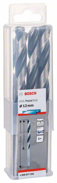 'Drei Bohrer von Bosch mit 12 mm Durchmesser in Verpackung. Beschriftung mit 'HSS PointTeQ' und einem Diagramm, das die Eigenschaften zeigt.'