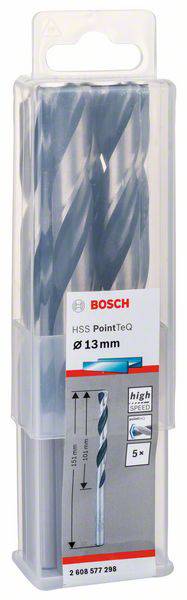 Bosch HSS PointTeQ 13mm Bohrer-Set. Geeignet für Metallbohrungen. Enthält 5 Stück. Verpackung zeigt Bohrer und Produktdetails.