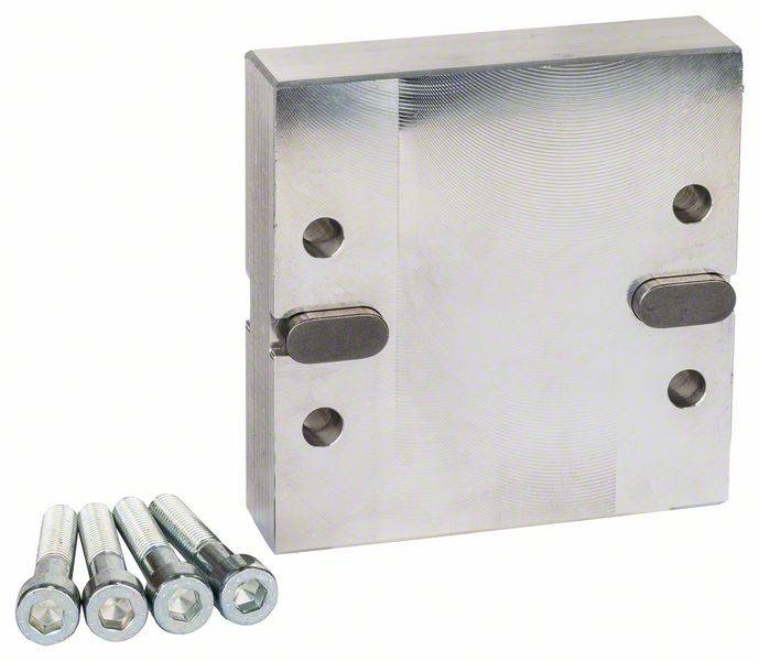 Metallblock mit vier Bolzen, möglicherweise Teil eines Befestigungssystems oder einer mechanischen Vorrichtung.