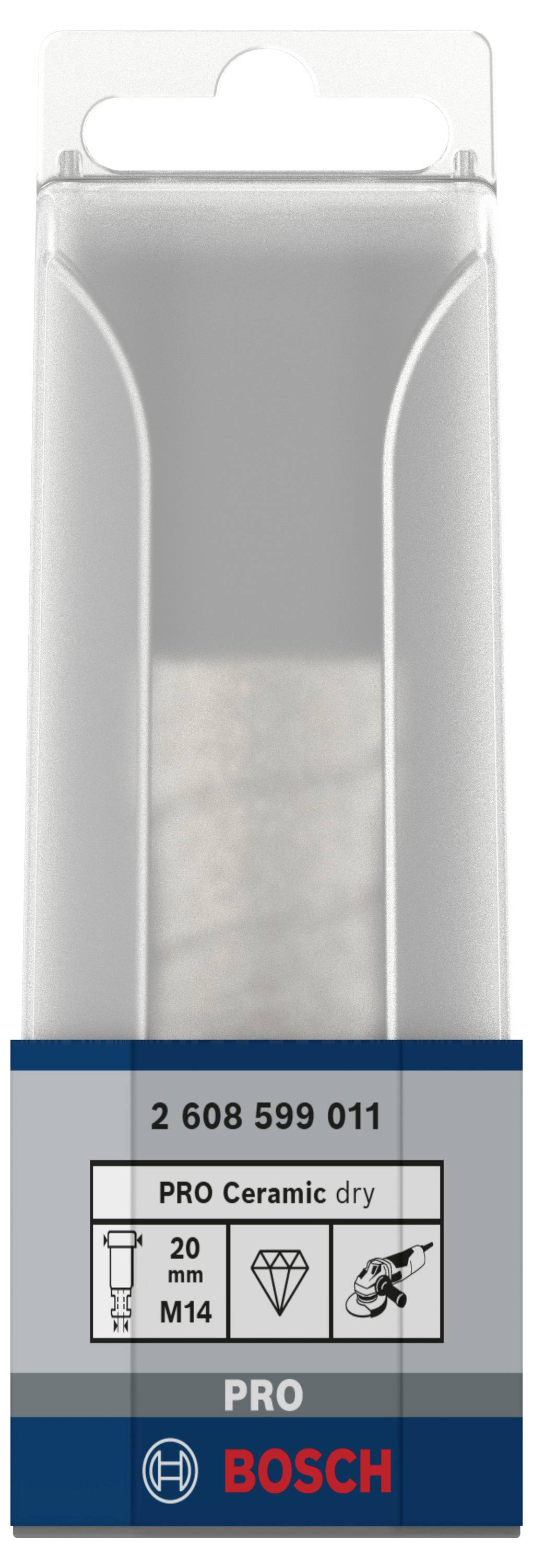 'Bosch PRO Ceramic dry' Diamantbohrer 20 mm M14 in Plastikverpackung. EAN 2 608 599 011. Geeignet zum Trockenschneiden von Keramik.