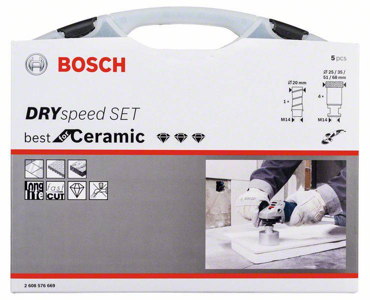 BOSCH DRYspeed Set für Keramik; enthält 5 Diamantbohrer. Verpackung zeigt Bohrer und Anwendung auf Keramikfliesen.