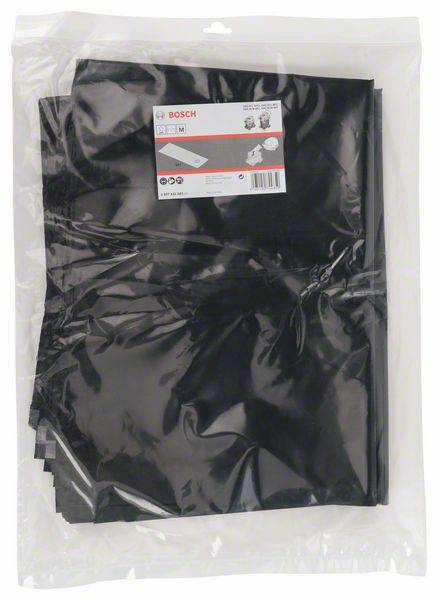 Eine Plastiktüte mit mehreren schwarzen Bosch Schleifblättern, etikettiert mit Produkthinweisen und Anwendungsinformationen.