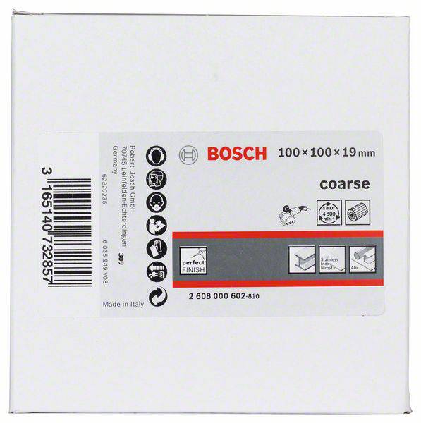 Verpackung einer Bosch Schleifscheibe, 100x100x19 mm, 'coarse', geeignet für Holz, Korrekturmarker, Kunststoff. Perfekt Finish, Hergestellt in Italien.