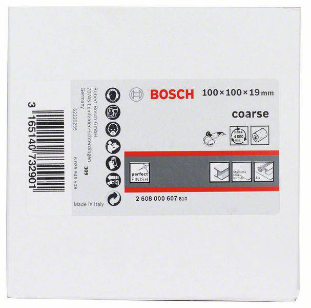 Verpackung eines Bosch-Produkts: Schleifblätter 100x100x19 mm, 'coarse'. Enthält Symbole für Verwendungshinweise und Herkunft 'Made in Italy'.