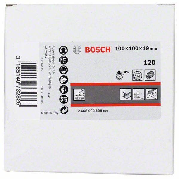 Verpackung für Bosch Schleifblätter, Maße 100x100x19 mm, Körnung 120, ideal für Holz und Farbe. Hergestellt in Italien.