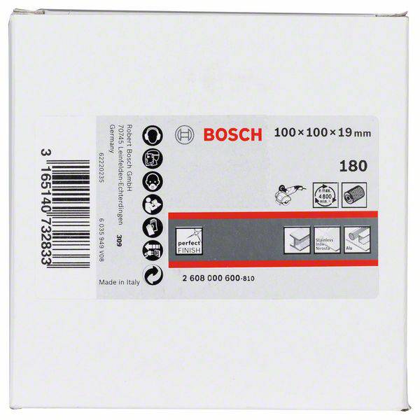 Eine weiße Verpackung mit einem Etikett von 'Bosch'. Enthält Informationen zu Schleifscheiben: Größe 100x100x19 mm, Körnung 180.