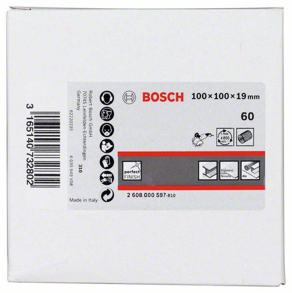 Quadratische Bosch-Schleifscheibenverpackung, 100 x 100 x 19 mm, 60 Körnung, geeignet für Holz, Farbe, Lack. Made in Italy.