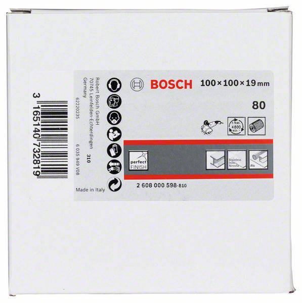 Weiße Verpackung mit Bosch-Logo. Enthält eine schematische Darstellung eines Schleifblatts, Maße 100x100x19 mm, Korngröße 80.
