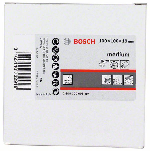 Quadratisches Schleifpad von Bosch, Medium, 100x100x19 mm, ideal für Holz und Farbe, mit 4800 U/min Drehzahl. Hergestellt in Italien.