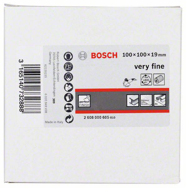 Eine weiße Verpackung mit Bosch-Logo. Beinhaltet Schleifscheiben, Größe 100x100x19 mm, 'very fine'. Made in Italy.