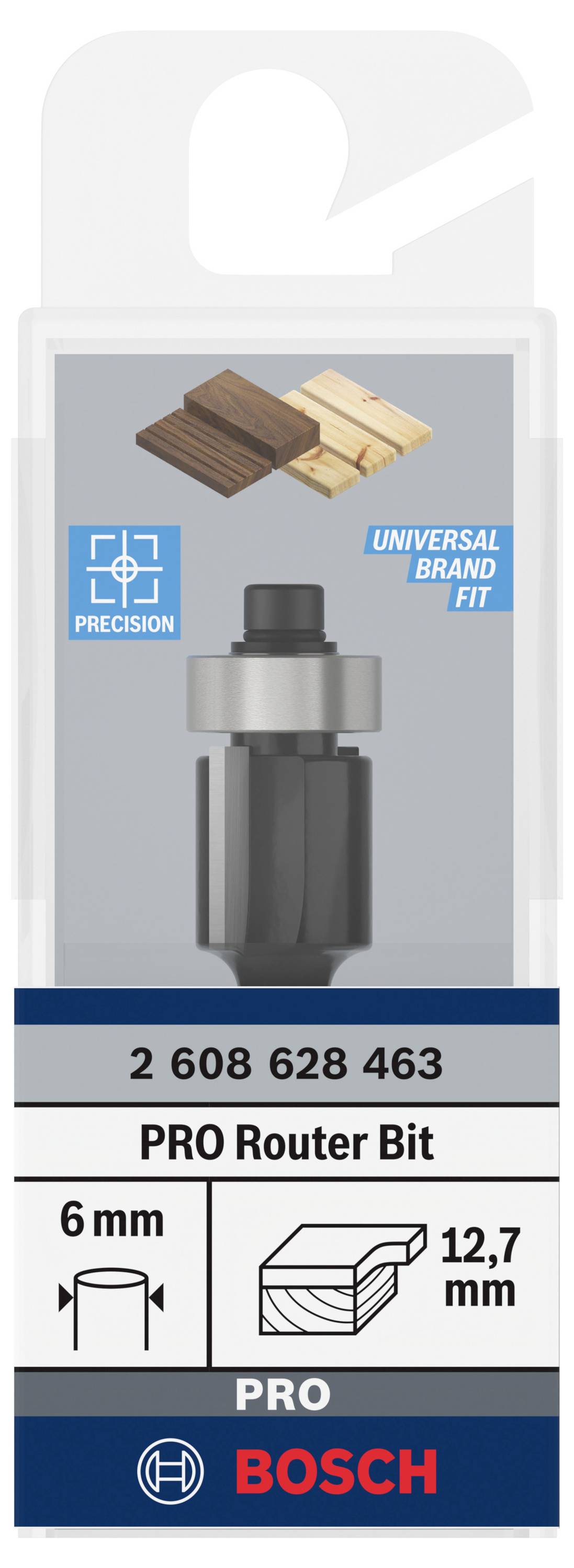 Bosch PRO Fräser, Durchmesser 6 mm, Schnitttiefe 12,7 mm, für präzises Fräsen, geeignet für verschiedene Holzanwendungen.