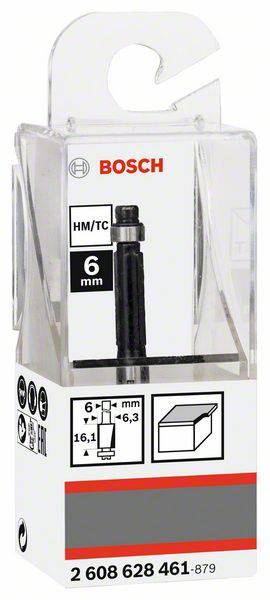 Auf der Verpackung ist ein Bosch Nutfräser abgebildet. Es zeigt Spezifikationen: Durchmesser 6 mm, für HM/TC geeignet, mit technischen Zeichnungen.