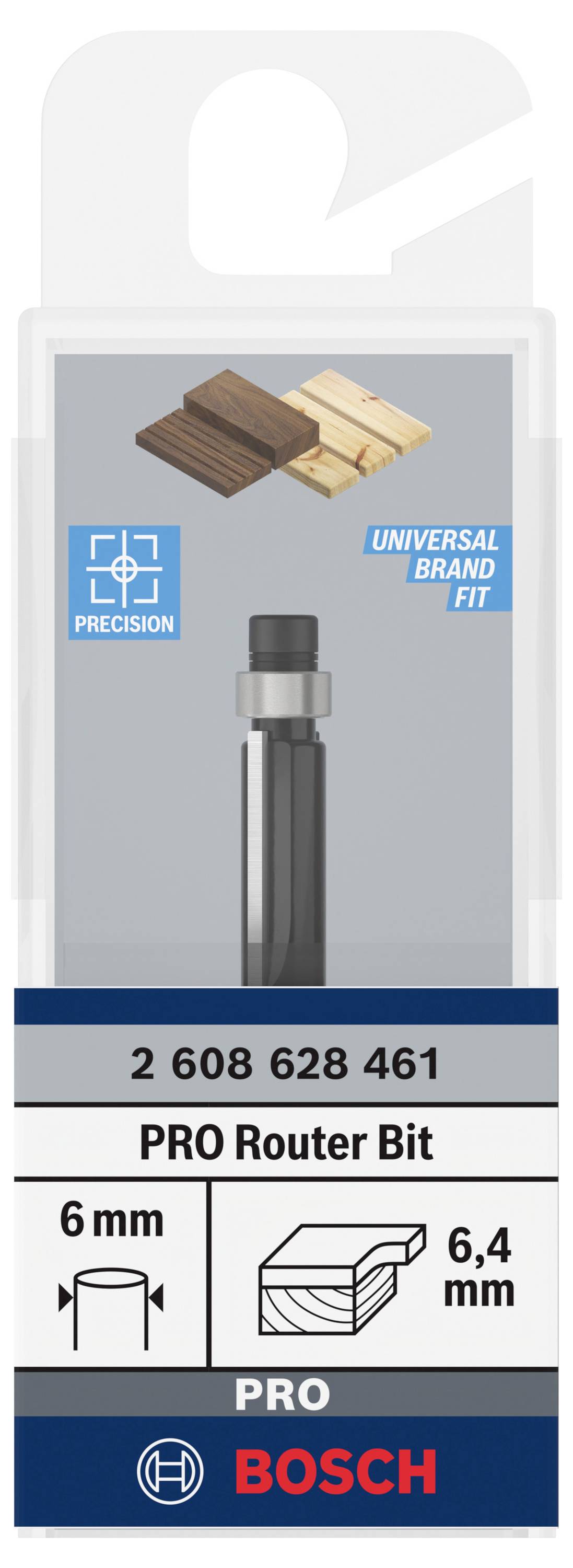 Hochpräziser Bosch Fräser, passend für Holzarten, mit 6,4 mm Schnittdurchmesser; geeignet für professionelle Anwendungen.