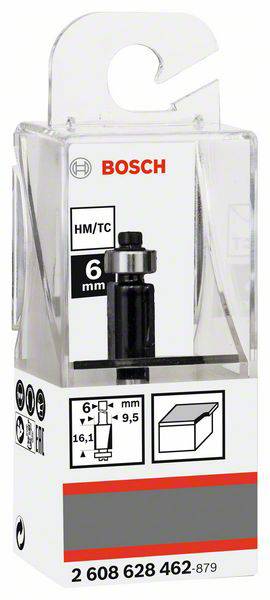 Verpackung eines Bosch Fräsers mit 6 mm Durchmesser. Enthält eine Abbildung des Werkzeugs, technische Spezifikationen und das Bosch-Logo.