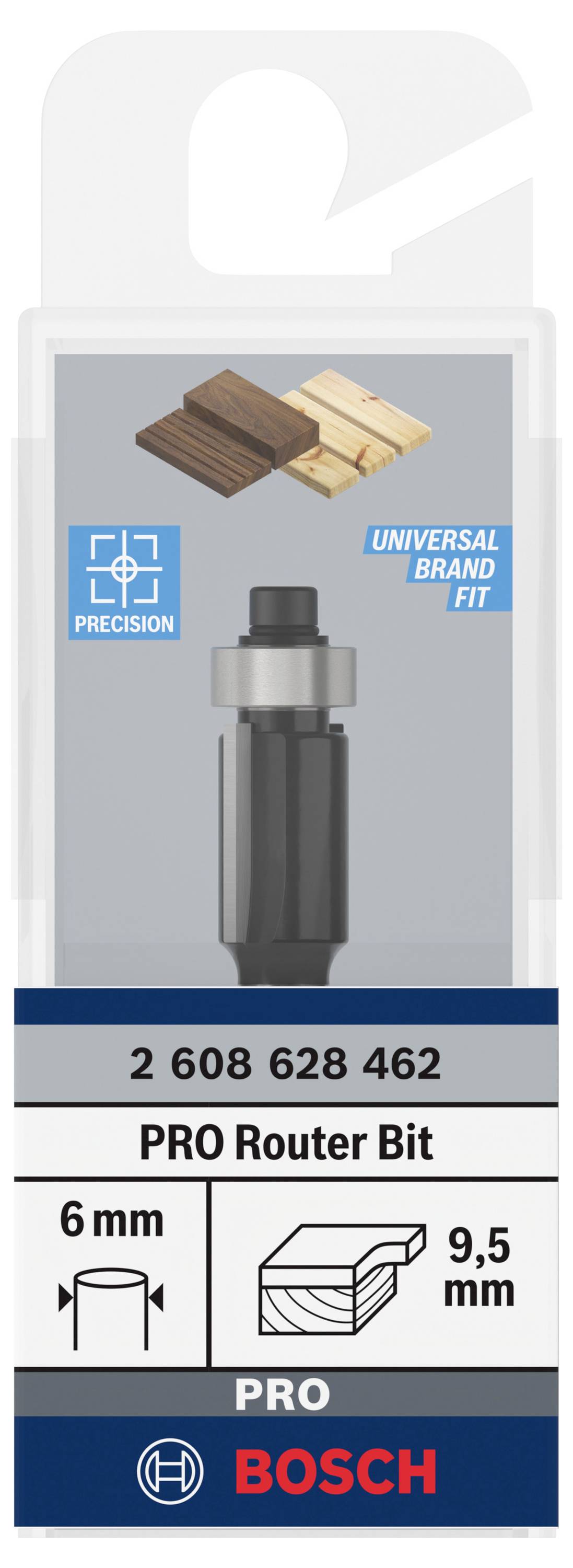 Bosch PRO Fräser mit 9,5 mm Durchmesser und 6 mm Schaft, geeignet für Präzisionsarbeiten.