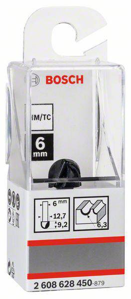 Transparente Kunststoffverpackung eines Bosch Fräsers mit 6 mm Durchmesser. Verpackung zeigt technische Zeichnungen und Produktcode.