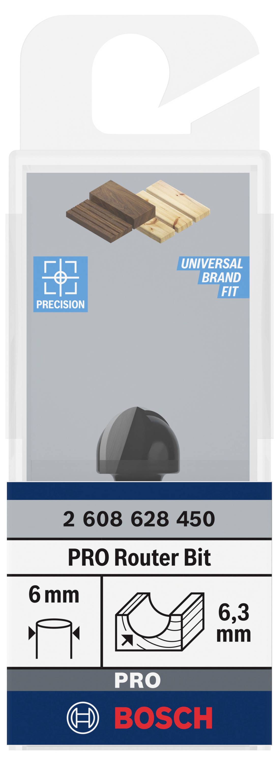 Verpackung einer Bosch Oberfräse mit 6 mm Schaftdurchmesser und 6,3 mm Schnitthöhe, geeignet für verschiedene Holzarten.
