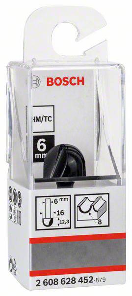 Verpackung eines Bosch HM/TC-Fräsers, Durchmesser 6 mm, für Holzarbeiten. Zeigt Fräserform und Größe. Produktnummer unten.