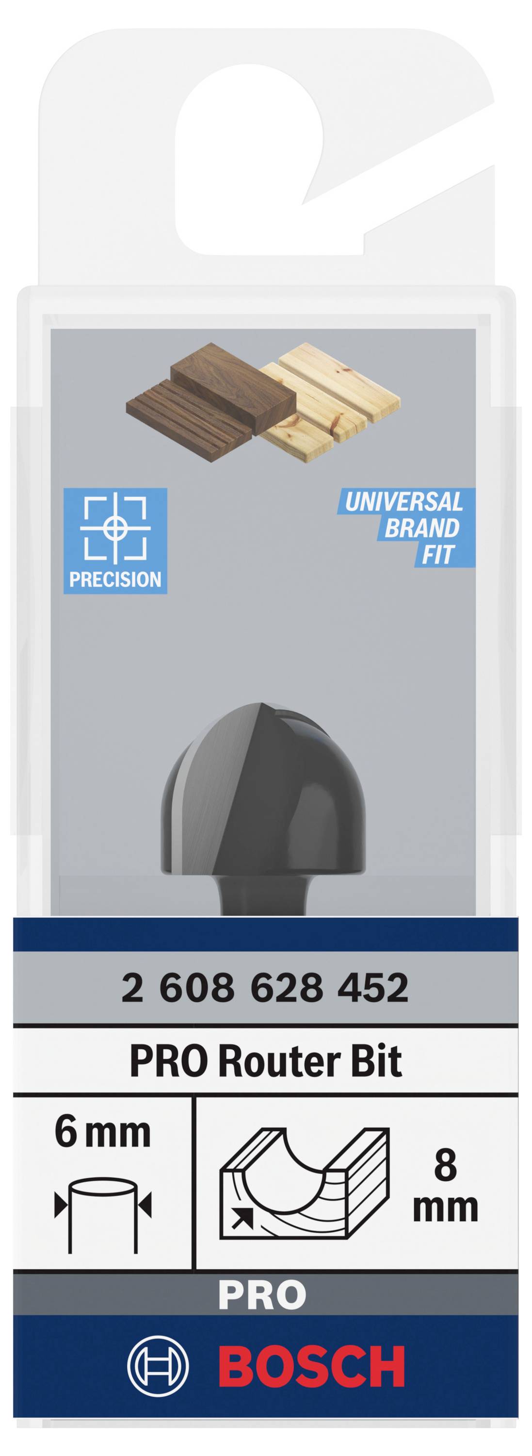 Bosch PRO Fräser mit 6 mm Durchmesser und 8 mm Tiefe, geeignet für Holzarbeiten. Verpackung zeigt Holzbeispiel und Passformhinweis.