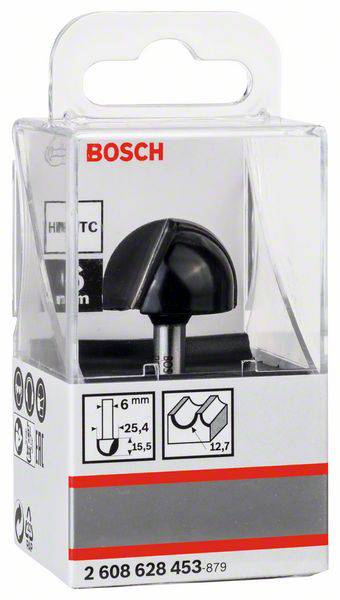 Ein Bosch Fräser in einer transparenten Verpackung, geeignet für 6 mm Werkzeugeinsätze, mit Produktnummer am unteren Rand.