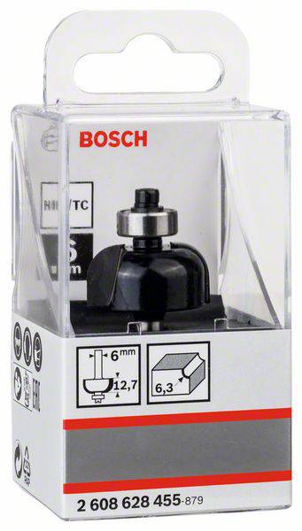 Kunststoffverpackung mit einem Fräser von Bosch. Aufdrucke zeigen technische Spezifikationen: 'HW/TC', '5 mm', 'ø12,7 mm', '6 mm'.