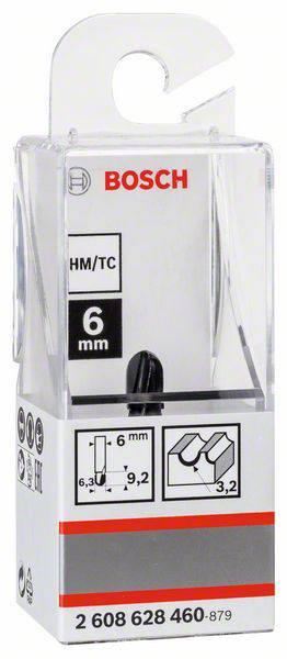'Bosch HM/TC 6 mm Fräser', in transparenter Verpackung. Zeigt symbolische Anwendungsskizzen für Holzbearbeitung.