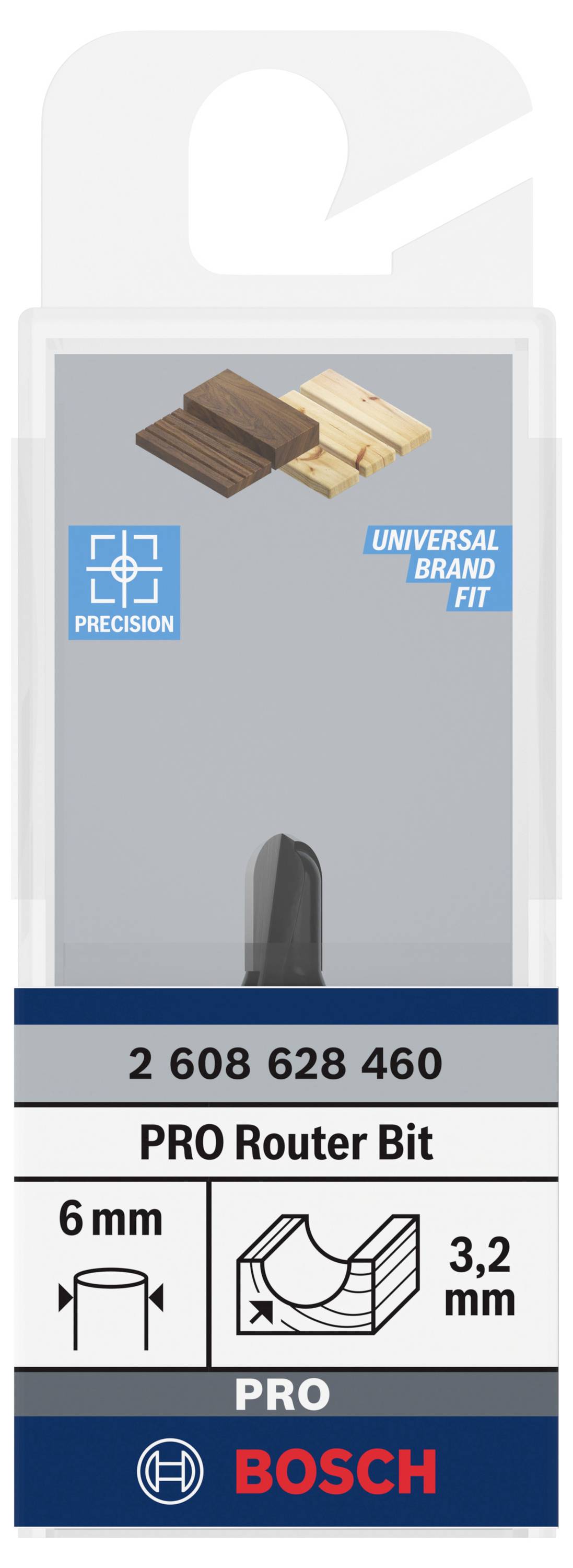 Bilder von zwei Holzarten, eine Bosch Fräser Verpackung, Text 'Universal Brand Fit', Abmessungen: 6 mm, 3,2 mm.