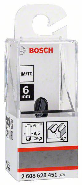 Bosch HM/TC Bohrer 6 mm in Verpackung. Enthält technische Symbole: Bohrdurchmesser 6 mm, Schneidbreite 4,7 mm, Bohrtiefe 9,5-9,2 mm.