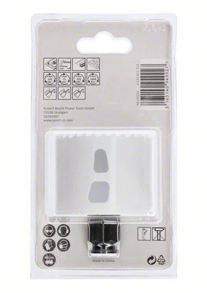 Verpackung für ein Bosch-Werkzeugzubehör mit Abbildung des Produkts, technischen Symbolen, Strichcode und Text 'Made in China'.