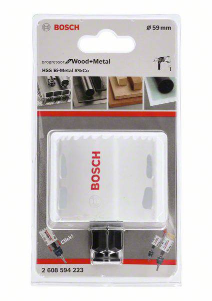 Bohrkrone von Bosch für Holz und Metall, 59 mm Durchmesser. Verpackung zeigt Bohrer und Markenlogo.