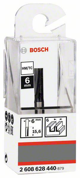 Fräser von Bosch mit 6 mm Durchmesser, HM/TC Material. Verpackung zeigt Anwendungsbeispiel und Maße 6 x 15,6 mm.
