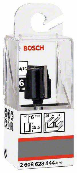 Verpackter Bosch-Fräskopf, 16 mm Durchmesser, 19,5 mm Schnittbreite. Geeignet für Holzarbeiten, abgebildet mit technischen Details.