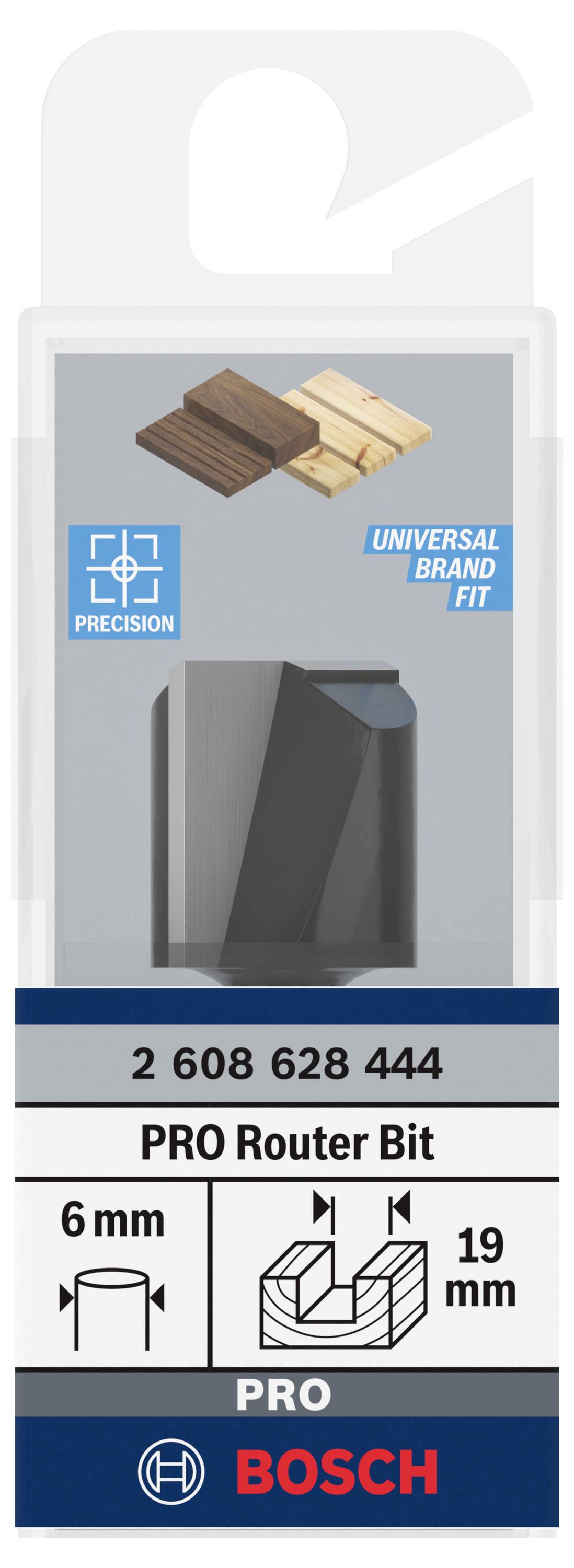 Fräserbit für Holzarbeiten, passend für mehrere Marken, Größe 6x19 mm, Bosch-Marke. Verpackung zeigt Holzanwendungen.