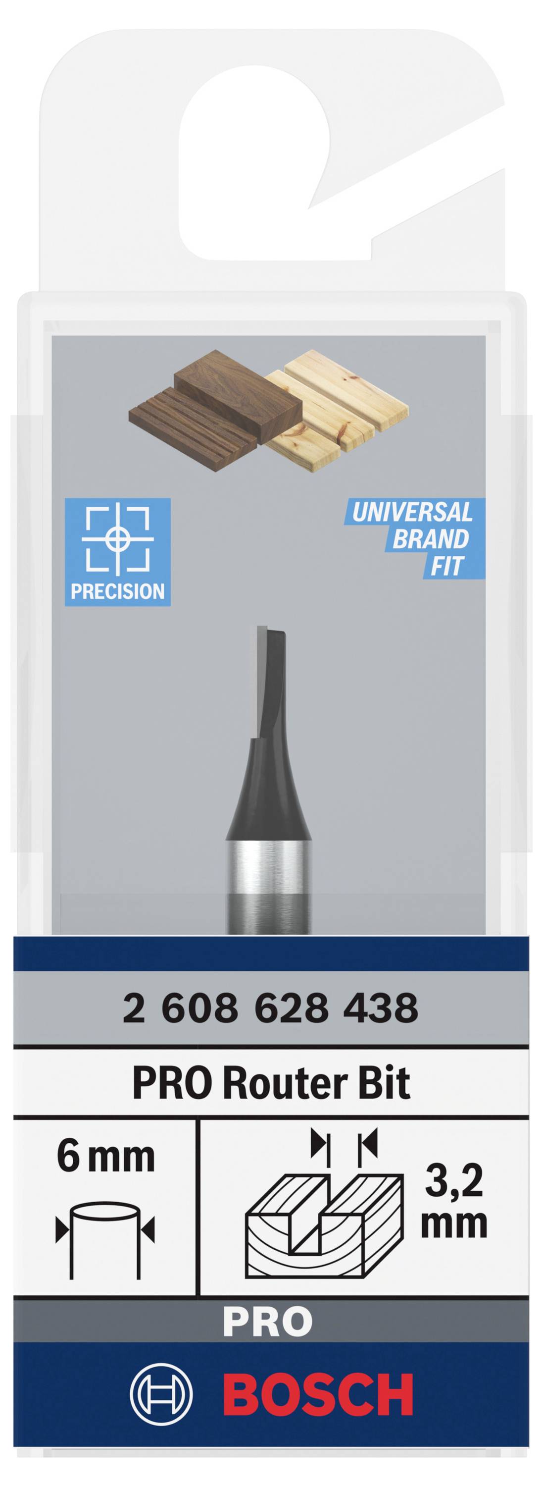 Verpackung eines Bosch Fräsers mit Produktnummer 2 608 628 438. Zeigt die Fräsergröße: 6 mm Schaft, 3,2 mm Schnittbreite.