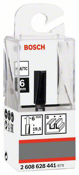 Verpackung eines Bosch Fräsers, 6 mm, aus Hartmetall, für Holzverarbeitung. Produktinformation und technischen Details aufgedruckt.