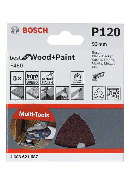 Das Bild zeigt eine Bosch Schleifpapier-Verpackung P120 für Holz und Farbe, geeignet für diverse Multi-Tools. Enthält 5 Schleifblätter.