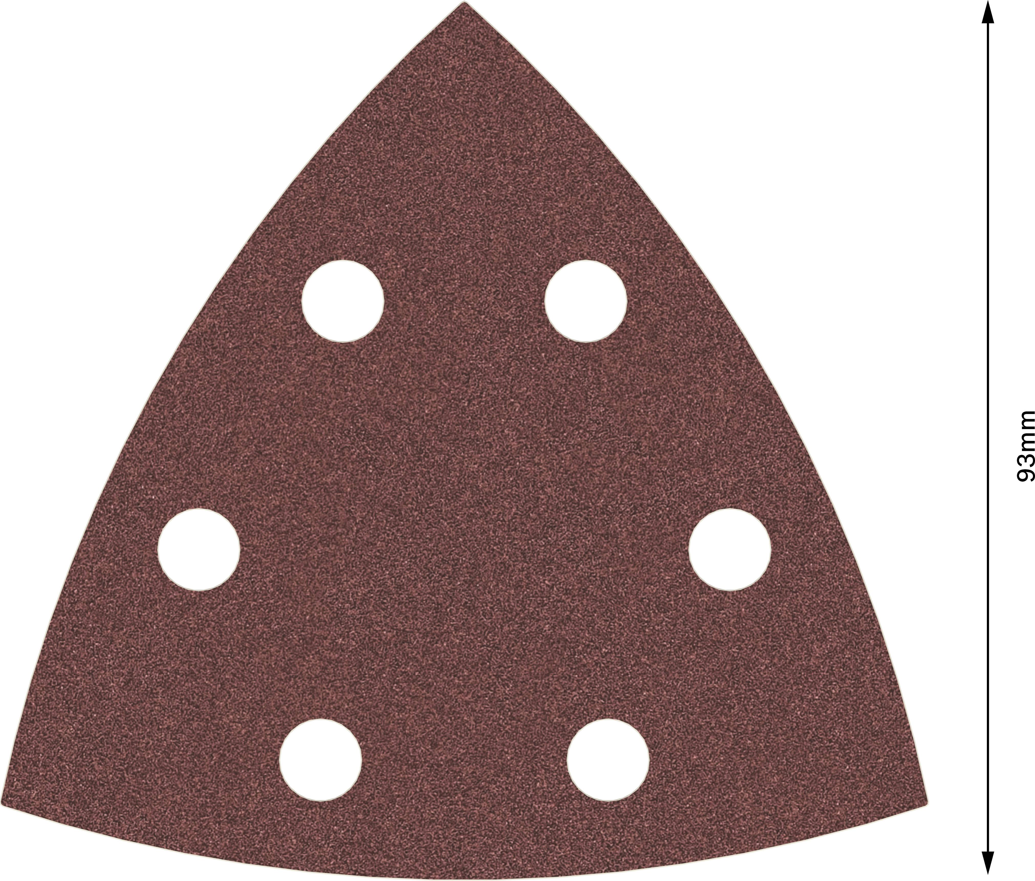 Dreieckiges Schleifpapier mit sechs runden Löchern, braune Farbe, 93 mm hoch.