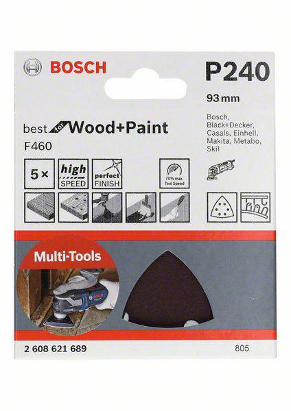 Verpackung für Bosch Schleifpapier P240, 93 mm. Enthält Informationen wie 'wood+paint', passend für Multi-Tools, 5 Stück enthalten.