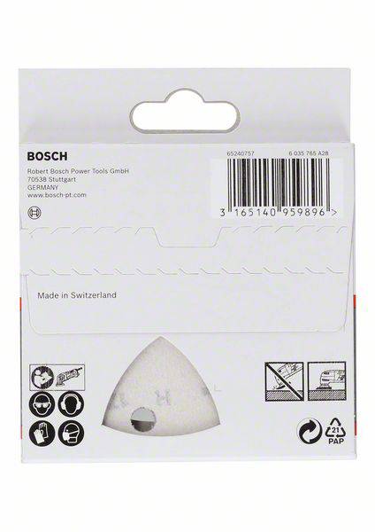 Rückseite einer Bosch-Verpackung mit Barcode und Produktinformationen. Hergestellt in der Schweiz. Symbole zeigen Anwendungshinweise.