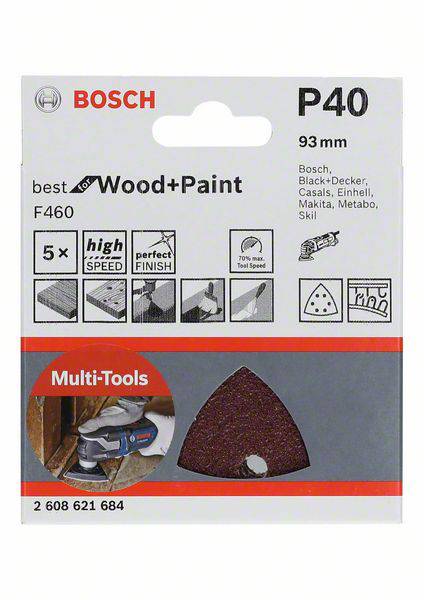 Verpackung eines Bosch-Schleifpapiers P40 für Multi-Tools, 93 mm. Geeignet für Holz und Farbe. Enthält fünf Schleifblätter, ideal für hohe Geschwindigkeit und präzises Finish.