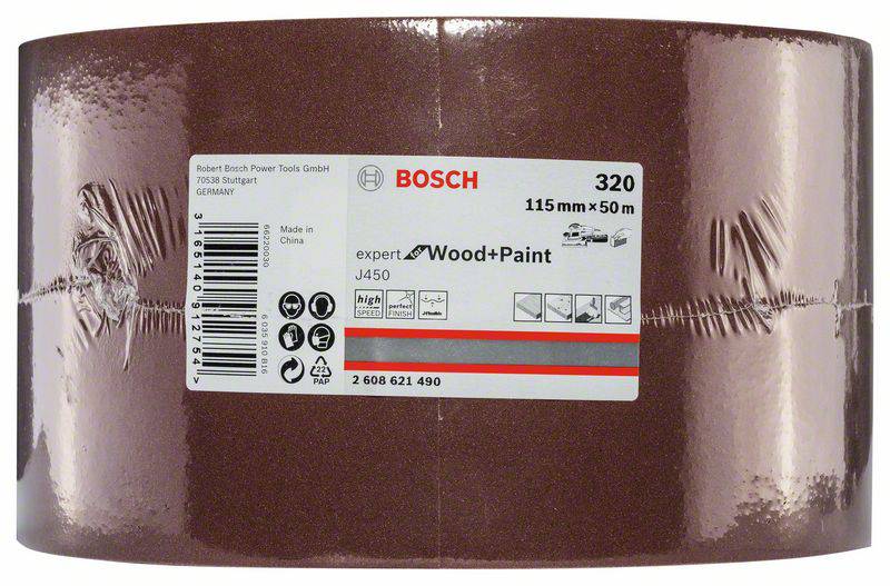 Schleifpapierrolle von Bosch, 320er Körnung, 115 mm x 50 m, geeignet für Holz und Farbe. Hersteller: Bosch Power Tools, Made in China.