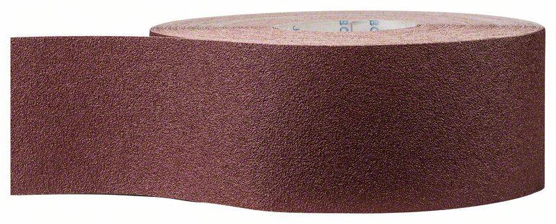 Braunes Schleifband, aufgerollt. Oberflächenstruktur zeigt grobkörnige Körnung, geeignet für Schleifmaschinen oder manuelle Bearbeitung.