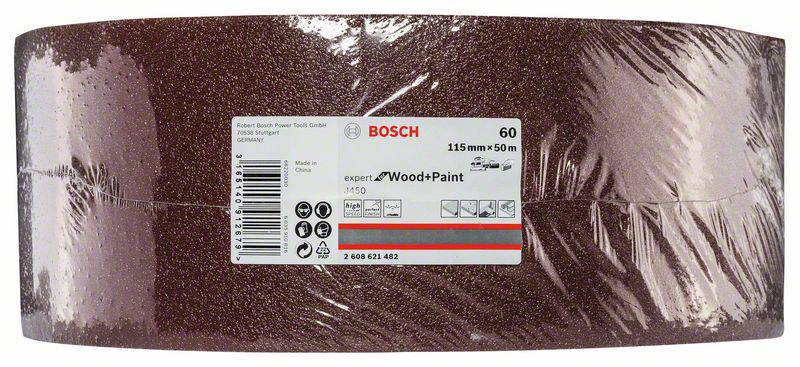 Schleifpapierrolle von Bosch, 115mm x 50m, Körnung 60, geeignet für Holz und Farbe. Produktetikett mit Barcode und Markendetails sichtbar.