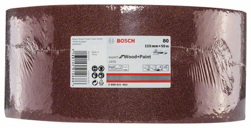 Eine Rolle Schleifpapier der Marke Bosch, Körnung 80, mit Abmessungen 115 mm x 50 m, geeignet für Holz und Farbe.
