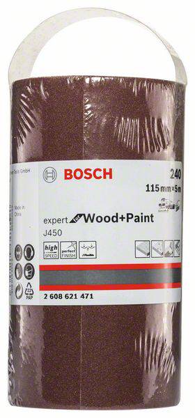 Eine Rolle Schleifpapier mit der Beschriftung 'expert for Wood+Paint'. Körnung 240, geeignet für Holz- und Lackarbeiten. Marke Bosch.