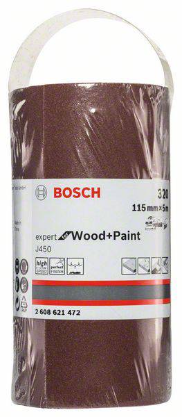 Schleifpapierrolle von Bosch, 115 mm x 5 m, Korn 320, geeignet für Holz und Farbe, in transparenter Verpackung.