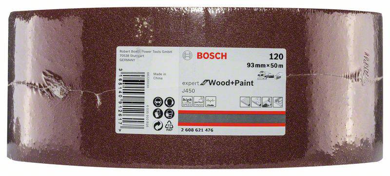 Rolle mit Bosch Schleifpapier 93 mm x 50 m, Körnung 120, geeignet für Holz und Farbe. Enthält Produktspezifikationen und Barcode.